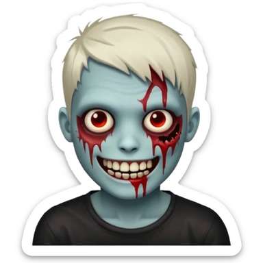 zombie boy with emo short hair, white skin, and white eyes; an open smile, and bloodied teeth; sticker
