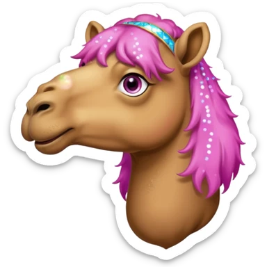 Camel with toes on his hoofs and pink beard that comes out of his chin with sparkle eyes facing forward sticker