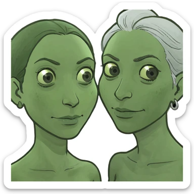 Two women stand close together. The first one looks old. The second one looks young. sticker