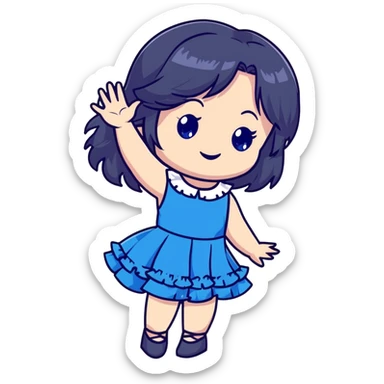 cute chibi girl with long dark hair, blue rose in hair, bright blue eyes, black frilly dress, smiling and waving sticker