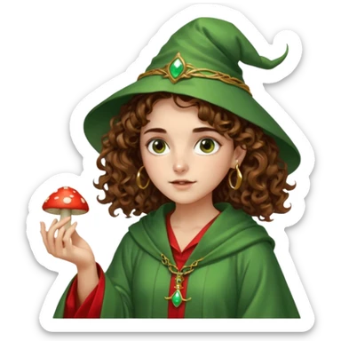 very beautiful italian girl, looking like Emma Watson, with curly and big volume very bright brown hair, and a golden piercing ring in nose on left side, dressed in a beautiful wizard robe of green colors, holding red fly mushroom sticker
