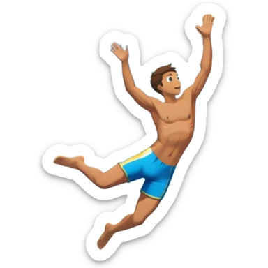 A diver mid-air, plunging from a high cliff into the sparkling ocean below. The background features rugged cliffs, clear blue water, and a bright sky, emphasizing the excitement and danger of the sport with a sense of freedom and adventure. sticker