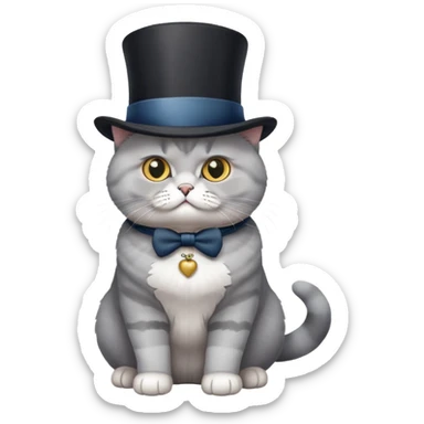 British Shorthair cat full body sitting with a top hat sticker