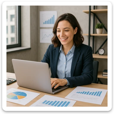 a working accountant, cheerful, using a laptop, surrounded by financial charts, business casual, modern office sticker