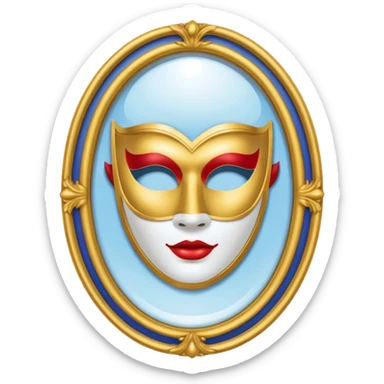 magic mirror on the wall from snow white. This is an oval mirror with golden borders with a white theater mask inside  sticker