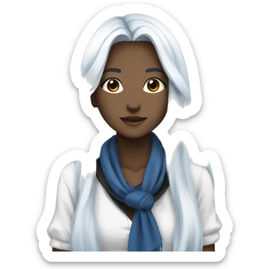 A beautiful anime girl with long, flowing silver hair is wearing a white shirt with a black collar and a blue scarf.  sticker