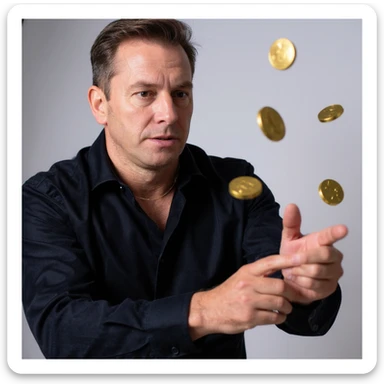 Add the effect of gold coins being thrown by the man with his hand, symbolizing valuable good advice. Maintain a realistic and cinematic style, vertical format 2:3. sticker