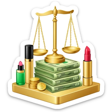 gold scale with a stack of green dollar bills and coins on one side and beauty products including lipstick, perfume, and makeup on the other sticker