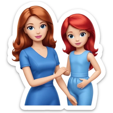 A barbie girl with makeup with brown hair with a baby, a daughter, a girl with red hair, holding her hand in blue clothes sticker