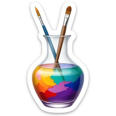 Glass painting icon, colorful brushstrokes on a glass vase, intricate painted patterns on the surface, visible fine paintbrush and palette beside it, no liquid inside the vase, minimalistic style, clean lines, transparent background. sticker