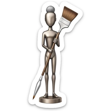 A paintbrush that transforms into a human metal silhouette sculpture, symbol of artistic identity, with a bronze or silver metallic finish sticker