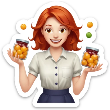 redhead woman juggling with 3 glass jars with jam sticker
