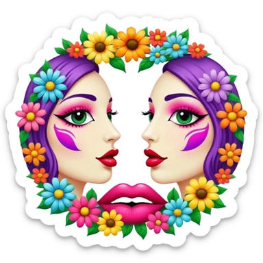 psychedelic colored lips surrounded by hippie style flowers sticker