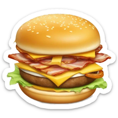 a burger with Australian bread, 1 slice of meat, cheddar cheese on top, slices of bacon and 3 onion rings sticker