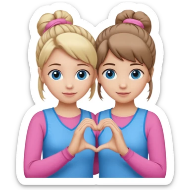 Two best friends making a heart shape with their hands together. One of them has blond hair which is shorter and the other has brown hair tied up. They are both wearing pink outfits. They both have blue eyes  sticker