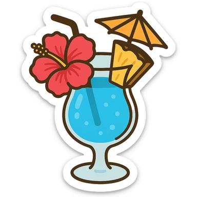blue tropical cocktail with hibiscus, pineapple, and paper umbrella garnishes, flat toon style sticker