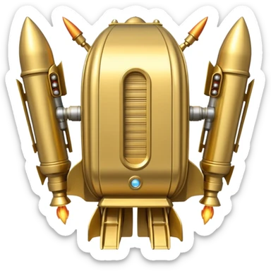 gold ancient wide jetpack with rocket projectiles on both sides, back view, no fire, with engraved patterns sticker