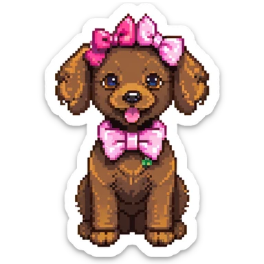 cute brown poodle with a pink bow on its head and tail, tongue sticking out, and a pink collar sticker