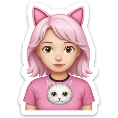 girl with wavy white hair and cat ears wearing pink tshirt sticker