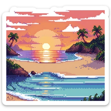 sunset over a beach coastline in pixel art style sticker