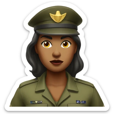 a female drill sergeant character wearing a classic sergeant hat and a camouflage army shirt. The character should have an angry intense expression. full torso sticker