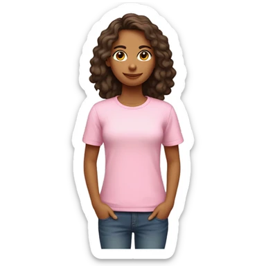 Chica delgada piel blanca, pelo marrón liso hasta los hombros con camiseta rosa claro sticker