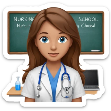 inside a classroom at university that says nursing school on the board with a pretty female nursing student with long brown hair, blue eyes sticker
