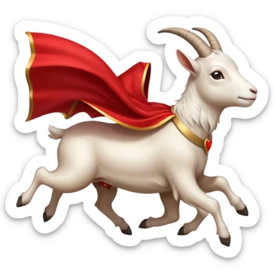side view of white female goat wearing a read cape like superman sticker