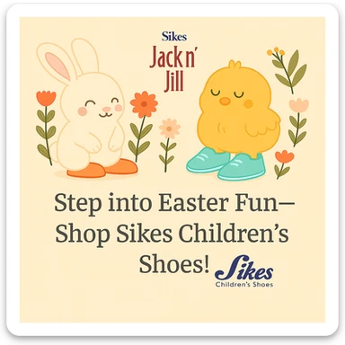 Restore the full Sikes Children's Shoes logo so it is completely visible, but keep it small and subtle. Maintain the pastel background, bunny and chick with shoes, floral accents, and the headline: 'Step into Easter Fun—Shop Sikes Children’s Shoes!'. Ensure the entire logo is present and not cropped. sticker