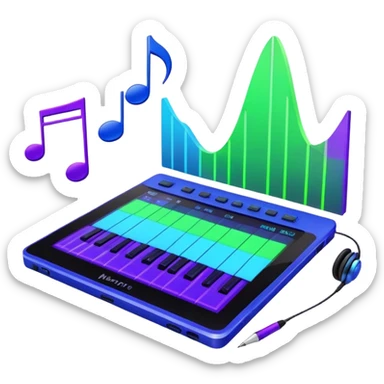 Create a creative and inspiring emoji that represents writing music tracks. The design should feature musical notes, a pen or pencil, and a digital audio workstation (DAW) interface or a computer screen with a visible waveform, symbolizing the process of composing and arranging a track. Add elements like a metronome or a pair of headphones to reflect the recording and editing aspects. Use vibrant colors like electric blue, purple, or neon green to represent creativity and innovation in music production. The background should be transparent. sticker
