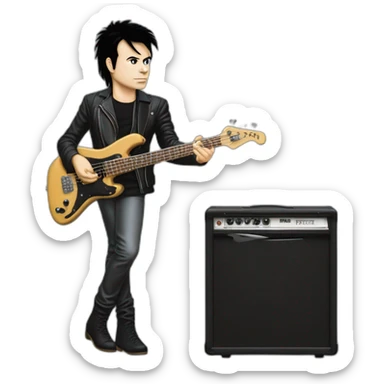photo realistic, full body, Gary Numan in 1979, playing, Yamaha black bass guitar, standing up, front view sticker
