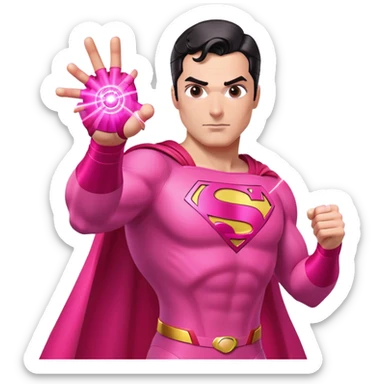 Generate an image of Superman wearing a bright pink superhero suit, with his eyes glowing bright pink as he fires a powerful pink laser beam from them sticker