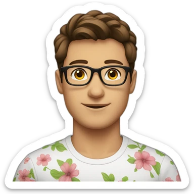 brown hair up guy wearing glasses and black t-shirt with flower print sticker