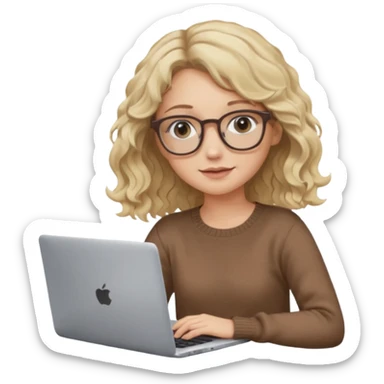 blonde girl with dark blonde wavy hair, pantos-style glasses, a brown sweater, sitting with a laptop, soft pastel colors, upper body shot sticker