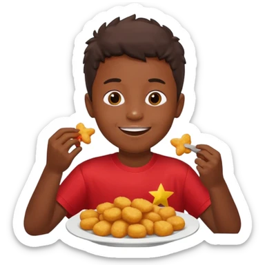 A boy with dark skin wearing a red and yellow t-shirt, eating star-shaped chicken nuggets with ketchup sauce. sticker