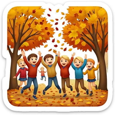 group of kids playing and tossing leaves in the air, autumn background sticker
