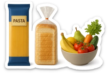 pacco di pasta realistico, pacco di pane, bowl di frutta e verdura, 4k sticker