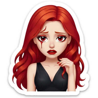 a crying woman with long red hair and red eyes. The woman wear a black little cutted dress. She have red lipstick and she have a seductive look. She cryed tears  sticker