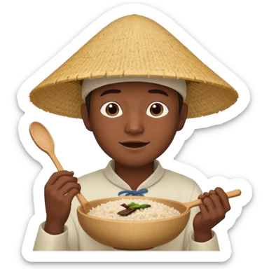 Asian guy with a rice hat eating a bat sticker