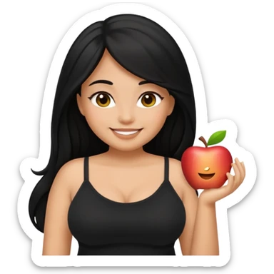 apple-style emoji of a dusky-skinned girl, curvy, long black hair, black cami top, pretty face sticker