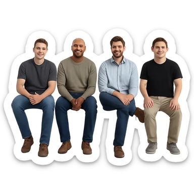 regular men, sitting, relaxed pose, plain background sticker