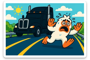 Add a guardrail along the side of the highway, keeping the small, scared abominable snowman in front of the black semi truck, both on the same side of the road, with the semi at a 45-degree angle. Maintain the bright, distant highway view. The style should remain consistent with the original image's look and feel. sticker