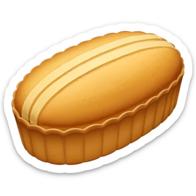 A madeleine pastry. Oval shaped with four to five vertical lines going in the same direction. Scalloped seashell shape. Light golden brown. Scalloped edge. Cookie. Flat. sticker