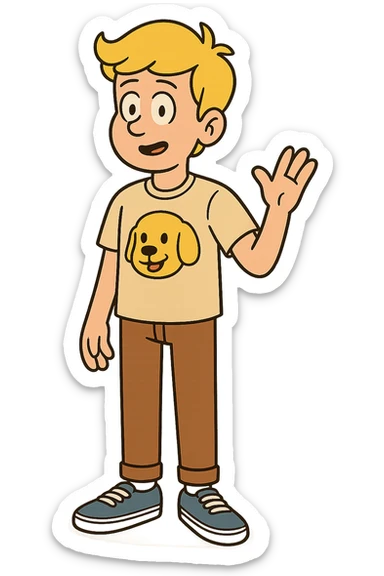 A boy yellow hair dog mascot logo t-shirts brown trousers blue vans shoe  sticker