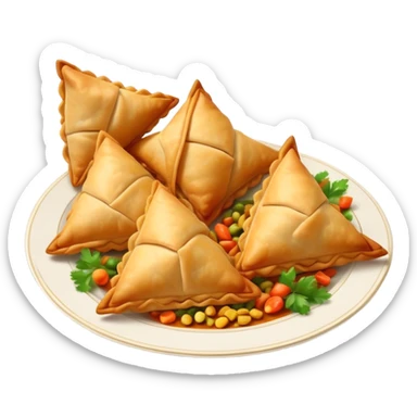 Cinematic Realistic Samosas Dish Emoji, depicted as golden, crispy pastry pockets filled with spiced vegetables rendered with detailed textures and appetizing lighting. sticker