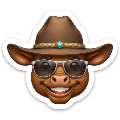 smiling bull head with prominent horns, dark sunglasses, and cowboy hat sticker