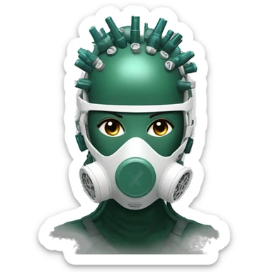 Dark green Mohawk female cyborg head with white respirator mask and circuits sticker