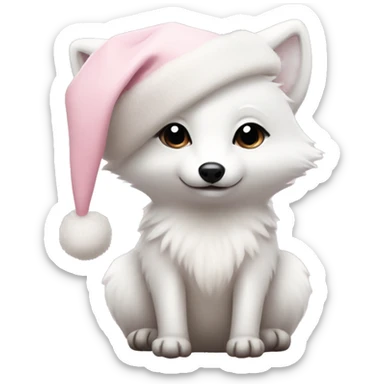 baby polar fox with a pale pink christmas hat sticker