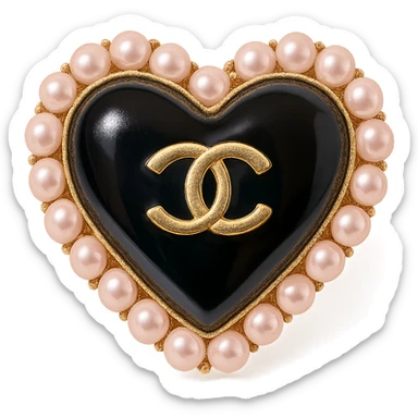  only the elegant heart with pearls and gold Chanel logo, glossy, pastel colors, realistic style, with no background. black pink,  sticker