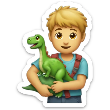 Kid hugging a litle dinosaur toy in his chest sticker